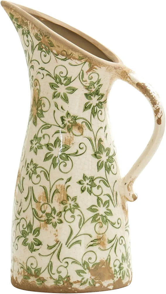Tuscan Ceramic Pitcher Vase Scroll Green