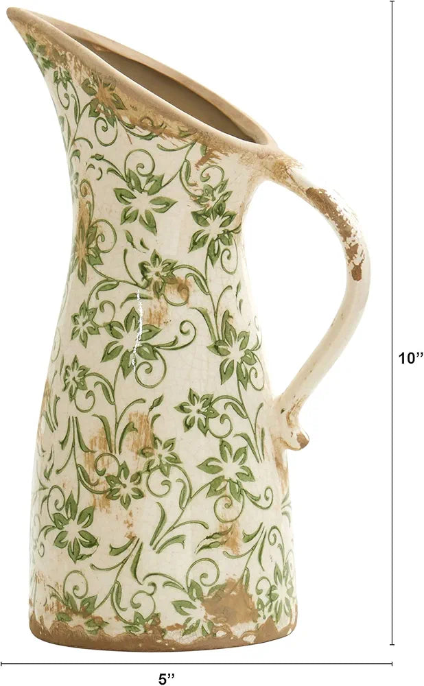 Tuscan Ceramic Pitcher Vase Scroll Green