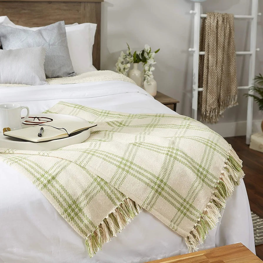 Dii Plaid Throw Blanket Cotton Fringe 50x60 White Antique Green