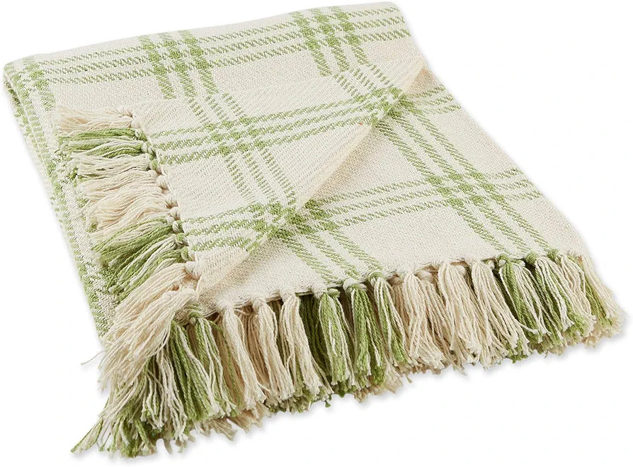 Dii Plaid Throw Blanket Cotton Fringe 50x60 White Antique Green