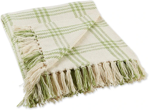Dii Plaid Throw Blanket Cotton Fringe 50x60 White Antique Green