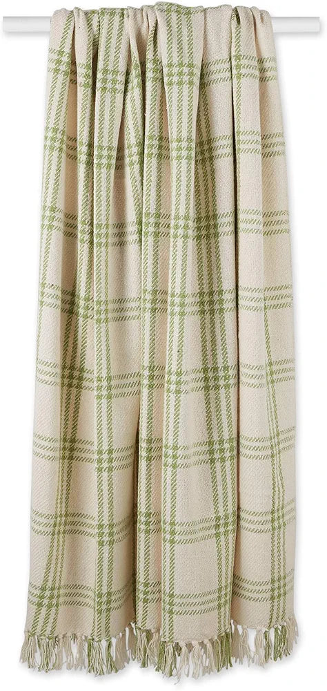 Dii Plaid Throw Blanket Cotton Fringe 50x60 White Antique Green