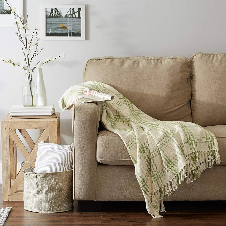 Dii Plaid Throw Blanket Cotton Fringe 50x60 White Antique Green