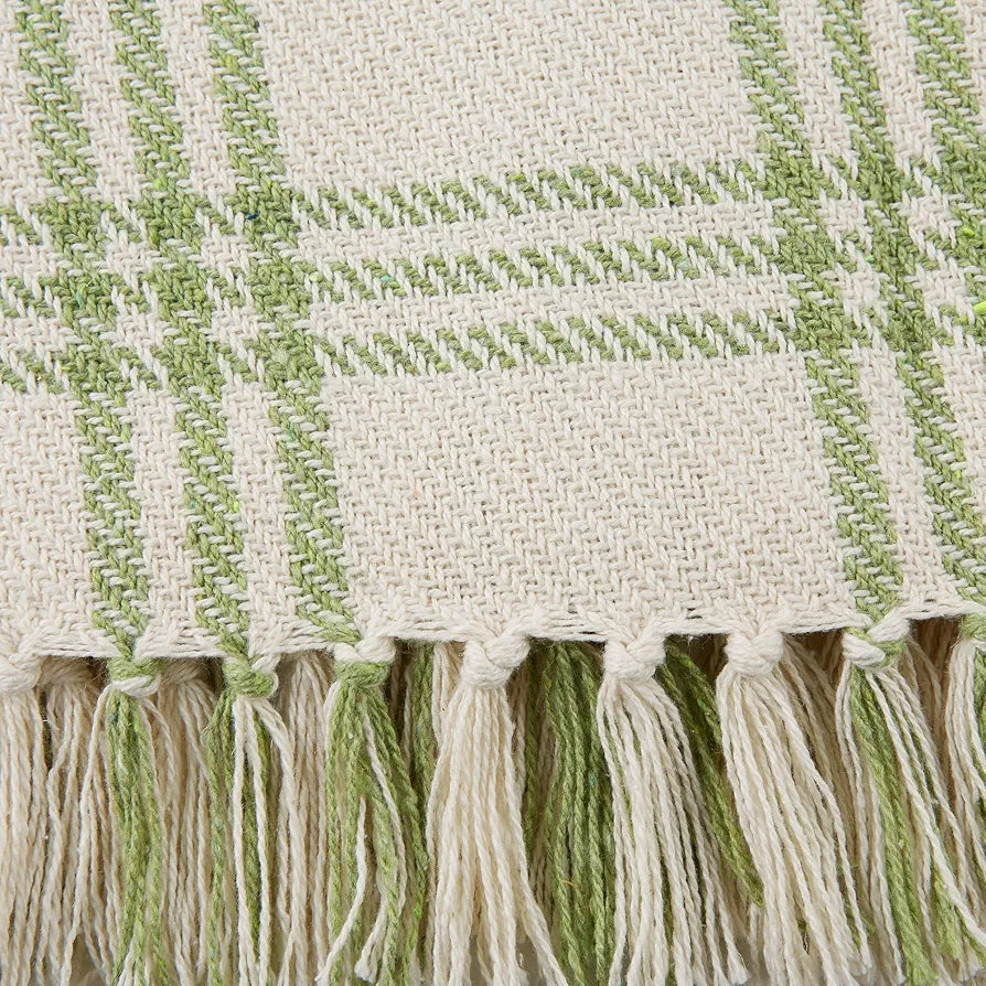 Dii Plaid Throw Blanket Cotton Fringe 50x60 White Antique Green